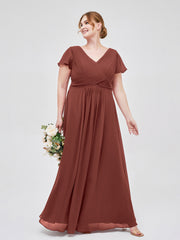 V-Neck Chiffon Dresses with Cap Sleeves Terracotta