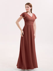 V-Neck Chiffon Dresses with Cap Sleeves Terracotta
