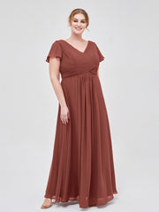 V-Neck Chiffon Dresses with Cap Sleeves Terracotta