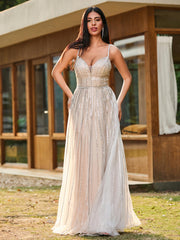 A-line Sparkling Diamond Open-Back Floor-Length Gown Champagne