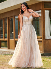 A-line Sparkling Diamond Open-Back Floor-Length Gown Champagne
