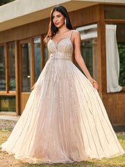 A-line Sparkling Diamond Open-Back Floor-Length Gown Champagne
