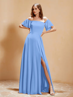 Off the Shoulder Chiffon Floor-Length Dress with Slit Blue