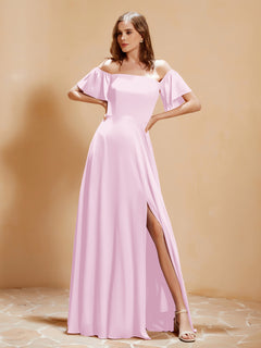 Off the Shoulder Chiffon Floor-Length Dress with Slit Blushing Pink