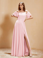 Off the Shoulder Chiffon Floor-Length Dress with Slit Blushing Pink