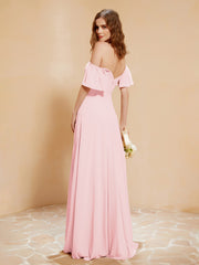 Off the Shoulder Chiffon Floor-Length Dress with Slit Blushing Pink