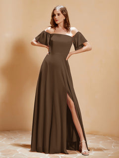Off the Shoulder Chiffon Floor-Length Dress with Slit Brown