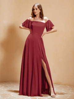 Off the Shoulder Chiffon Floor-Length Dress with Slit Burgundy