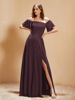 Off the Shoulder Chiffon Floor-Length Dress with Slit Cabernet