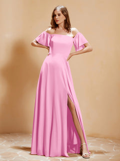 Off the Shoulder Chiffon Floor-Length Dress with Slit Candy Pink