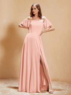 Off the Shoulder Chiffon Floor-Length Dress with Slit Coral