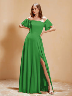 Off the Shoulder Chiffon Floor-Length Dress with Slit Green