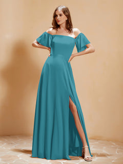 Off the Shoulder Chiffon Floor-Length Dress with Slit Jade