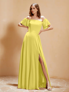 Off the Shoulder Chiffon Floor-Length Dress with Slit Lemon