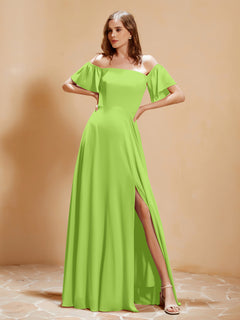 Off the Shoulder Chiffon Floor-Length Dress with Slit Lime Green