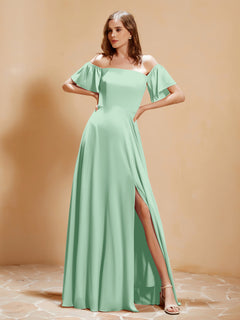 Off the Shoulder Chiffon Floor-Length Dress with Slit Mint Green