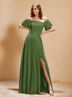 Off the Shoulder Chiffon Floor-Length Dress with Slit Moss