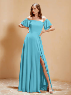Off the Shoulder Chiffon Floor-Length Dress with Slit Pool