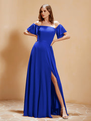 Off the Shoulder Chiffon Floor-Length Dress with Slit Royal Blue