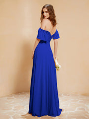 Off the Shoulder Chiffon Floor-Length Dress with Slit Royal Blue