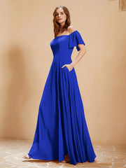 Off the Shoulder Chiffon Floor-Length Dress with Slit Royal Blue