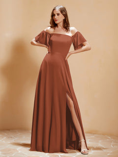 Off the Shoulder Chiffon Floor-Length Dress with Slit Rust