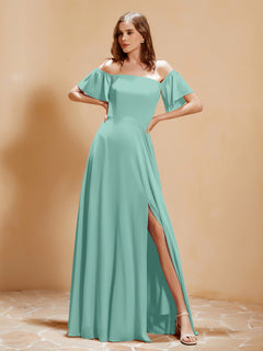 Off the Shoulder Chiffon Floor-Length Dress with Slit Turquoise