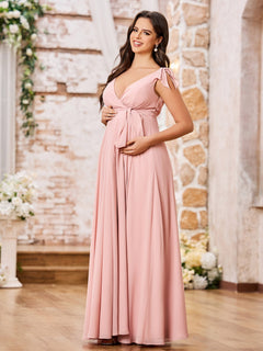 Deep V-neck Chiffon Maternity Dresses with Bows Flamingo