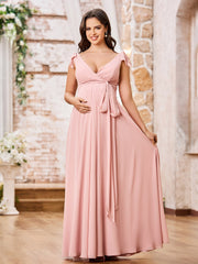 Deep V-neck Chiffon Maternity Dresses with Bows Dusty Rose