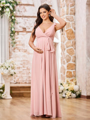 Deep V-neck Chiffon Maternity Dresses with Bows Dusty Rose