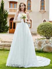 A-Line Polka Dots Appliques Wedding Dress Ivory