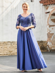 Elegant V-Neck Lace Top A-line Satin Dress Navy Blue