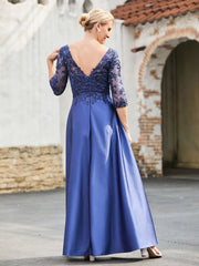 Elegant V-Neck Lace Top A-line Satin Dress Navy Blue