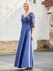 Elegant V-Neck Lace Top A-line Satin Dress Navy Blue