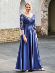 Elegant V-Neck Lace Top A-line Satin Dress Navy Blue