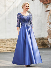 Elegant V-Neck Lace Top A-line Satin Dress Navy Blue