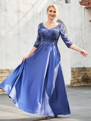 Elegant V-Neck Lace Top A-line Satin Dress Navy Blue