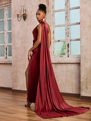 One Shoulder Ruched Satin Long Dress With Ribbons Burgundy