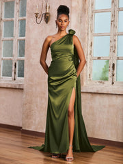 One Shoulder Ruched Satin Long Dress With Ribbons Olive Green