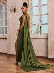 One Shoulder Ruched Satin Long Dress With Ribbons Olive Green