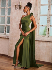 One Shoulder Ruched Satin Long Dress With Ribbons Olive Green