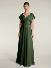 V Neckline Dress with Flutter Sleeves Olive Green