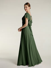 V Neckline Dress with Flutter Sleeves Olive Green