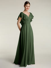 V Neckline Dress with Flutter Sleeves Olive Green