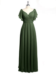 V Neckline Dress with Flutter Sleeves Olive Green