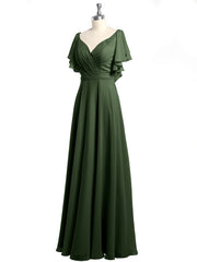 V Neckline Dress with Flutter Sleeves Olive Green