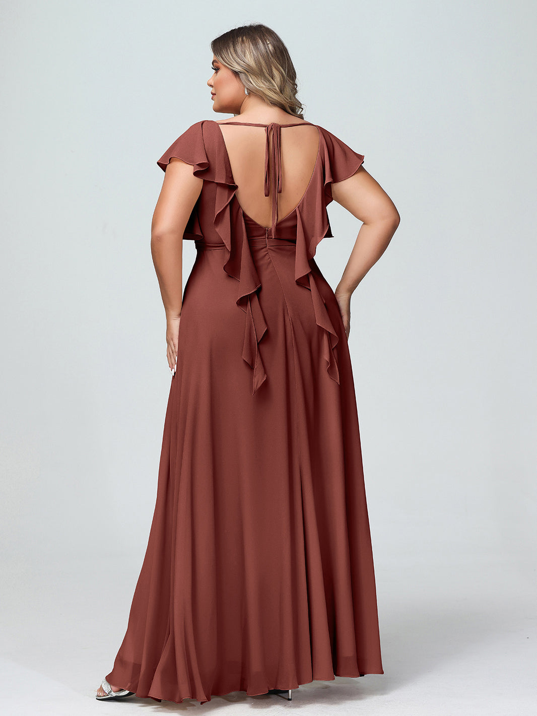 BABARONI Chiffon Terracotta Bridesmaid Dresses A-line V-neck Floor-length Cap Sleeve BABARONI UK BABARONI Chiffon Terracotta Bridesmaid Dresses A-line V-neck Floor-length Cap Sleeve BABARONI UK