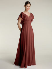 V Neckline Dress with Flutter Sleeves Terracotta