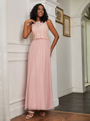 A-Line Jewel Neckline Tulle Dress Dusty Rose Plus Size