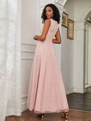 A-Line Jewel Neckline Tulle Dress Dusty Rose Plus Size